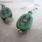 Turquoise Blue Oval Czech Picasso Dotted Glass Bead Silver Tone Earrings