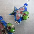 Blue Cloisonne Angel Fish and Glass Bead Silver Tone Earrings, Sterling Hooks