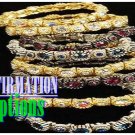 This set of fashion bracelets showcases colorful crystals stones with goldskin finishes.