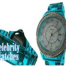 Celebrity Fashion Watches in smooth blue-green acrylic on sale.