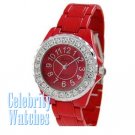 Celebrity Fashion Watches in fire red with ice crystal details on sale.