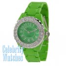 Celebrity Fashion Watches in lime green with ice crystal details on sale.