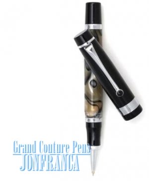 Hand finished, resin roller ball pen with an ivory base, silver parts and black twist off cap.