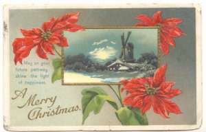  A MERRY CHRISTMAS, WINDMILL ,POINSETTTIA, FULL MOON 1911 Vintage  POSTCARD   61