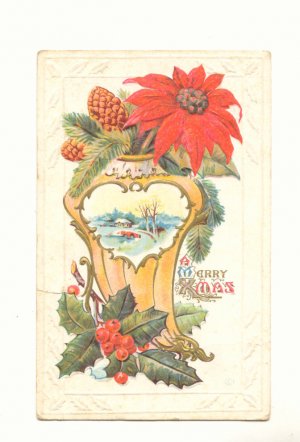 PINE CONES POINSETTIA HOLLY CHRISTMAS Vintage POSTCARD 1916   67