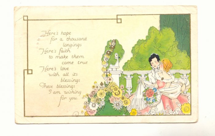 BLESSINGS FOR YOU, COLONIAL COUPLE IN GARDEN Vintage POSTCARD 72