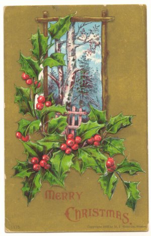 CHRISTMAS, VINTAGE POSTCARD, HOLLY, WINTER SCENE  119