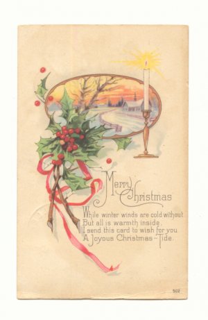 MERRY CHRISTMAS, HOLLY, CANDLELIGHT, SCENE POSTCARD  126