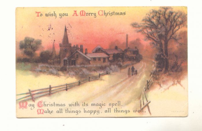 MERRY CHRISTMAS, SNOWY VILLAGE SCENE, VINTAGE POSTCARD 128
