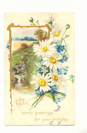 VINTAGE TUCKS BIRTHDAY POSTCARD, DAISIES, WATERFALL   #155