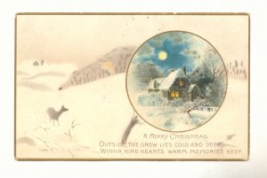 MERRY CHRISTMAS, MOONLIT WINTER SCENE, DEER, POSTCARD #238