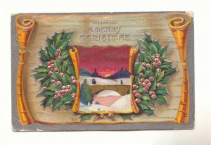 MERRY CHRISTMAS, WINTER SCENE HOLLY VINTAGE POSTCARD   #240