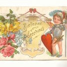 BIRTHDAY, YOUNG BOY IN ARMOR, HEART, ROSES VINTAGE 1910   POSTCARD #242