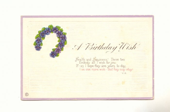 BIRTHDAY WISH, PANSY HORSESHOE, VERSE 1922 POSTCARD #298