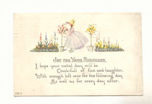 JOY FOR YOUR BIRTHDAY, PRETTY GIRL FLOWERS VERSE 1918   POSTCARD #302