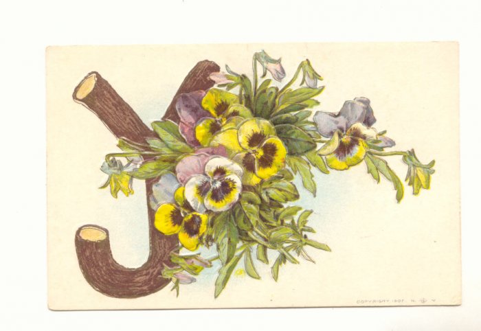WOODEN LETTER Y PANSIES, VINTAGE POSTCARD #308