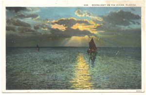MOONLIGHT ON THE OCEAN, FLORIDA, SAILBOAT POSTCARD   #316