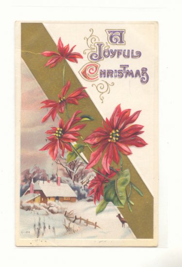 JOYFUL CHRISTMAS, WINTER SCENE DEER POINSETTIA 1915 POSTCARD #328