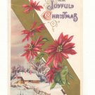 JOYFUL CHRISTMAS, WINTER SCENE DEER POINSETTIA 1915 POSTCARD #328