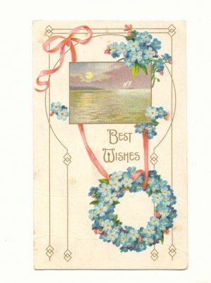 BEST WISHES FORGET ME NOT WREATH WATER SCENE POSTCARDS   #334