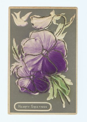 HEARTY GREETINGS HEAVY EMBOSSED PANSY Vintage Postcards   #336