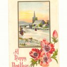 HAPPY NEW YEAR WINTER CHURCH SCENE PINK POPPIES 1909   VINTAGE POSTCARD #342