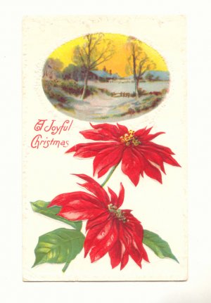 JOYFUL CHRISTMAS WINTER SCENE POINTSETTIA 1914 POSTCARD    #347