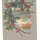 MERRY CHRISTMAS HOLLY GOLD BELLS SILVER VINTAGE 1907    POSTCARD #351