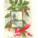 MERRY CHRISTMAS PINECONES RIBBON SCENE VINTAGE POSTCARD  1914    #353