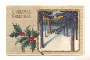 WINTER SCENE LARGE HOLLY VINTAGE CHRISTMAS POSTCARD   #354