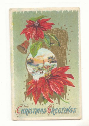 CHRISTMAS GREETING POINTSETTIA WINTER SCENE GOLD   HIGHLIGHTS VINTAGE POSTCARD #355
