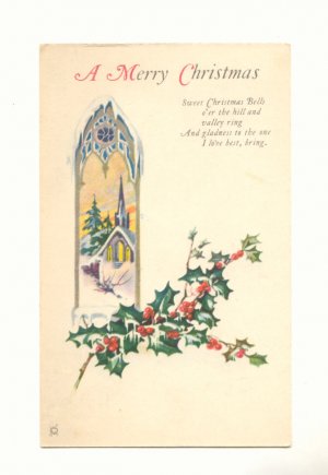 MERRY CHRISTMAS CHURCH SCENE HOLLY VERSE VINTAGE   POSTCARD #371