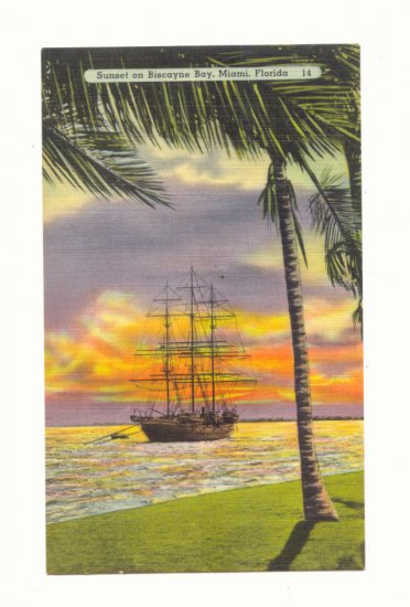 SUNSET ON BISCAYNE BAY, MIAMI, FLORIDA TALL SHIP Postcard #380