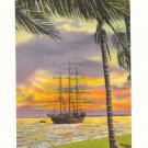 SUNSET ON BISCAYNE BAY, MIAMI, FLORIDA TALL SHIP Postcard #380