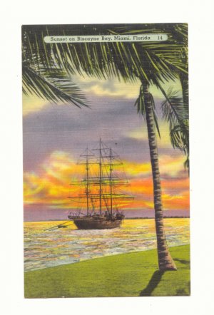 SUNSET ON BISCAYNE BAY, MIAMI, FLORIDA TALL SHIP Postcard #380