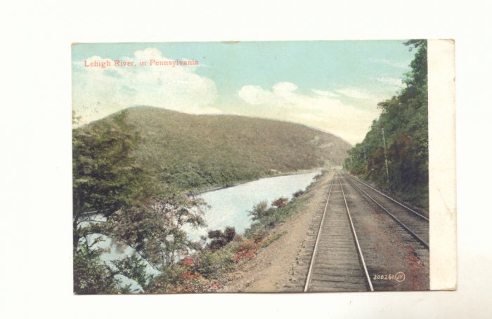 1909 LEHIGH RIVER IN PENNSYLVANIA, RAILROAD TRACK VIEW POSTCARD #388