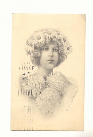 PRETTY LADY, DAISY CROWN, LARGE CARNATIONS 1914   Postcard #393