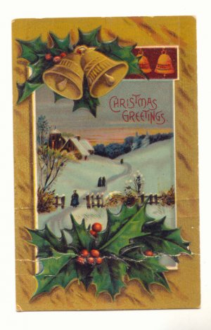 CHRISTMAS GREETINGS GOLD BELLS HOLLY SNOW SCENE  Postcard #397