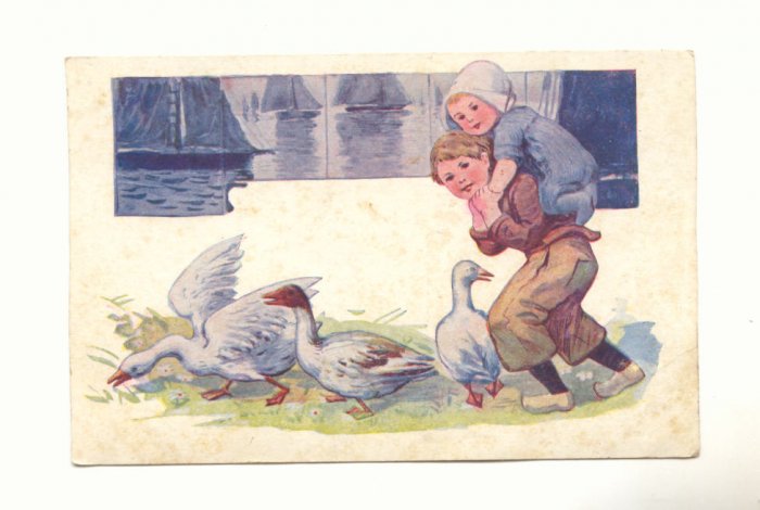 YOUNG DUTCH COUPLE, GEESE, VINTAGE POSTCARD #411