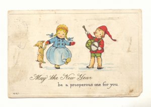 PROSPEROUS NEW YEAR, DANCING GIRL, BOY PLAYS DRUM, DOG Postcard #417