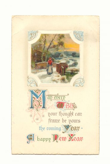 A HAPPY NEW YEAR, LADY CROSSING BRIDGE, POSTCARD #419