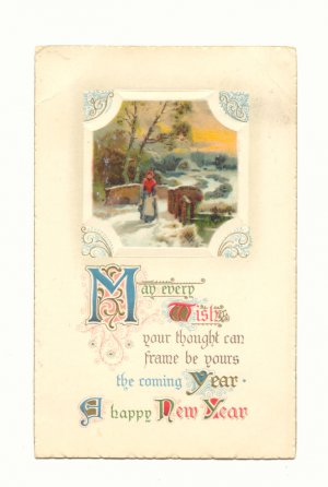 A HAPPY NEW YEAR, LADY CROSSING BRIDGE, POSTCARD    #419