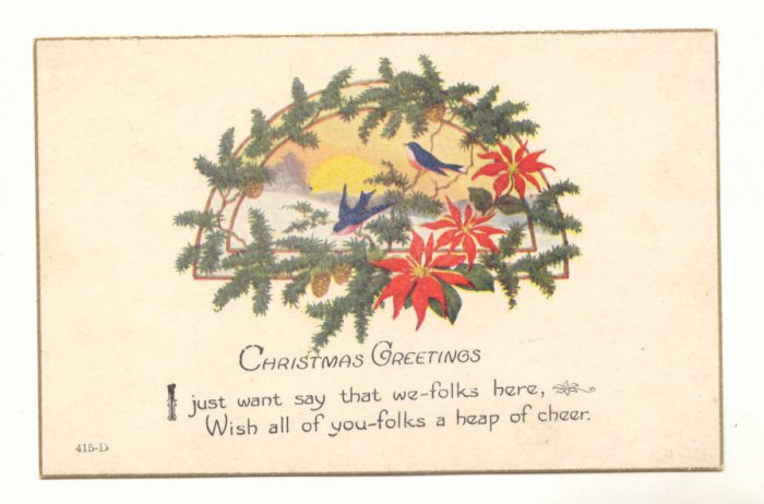 BLUE BIRDS PINECONES POINTSETTIA CHRISTMAS POSTCARD #440