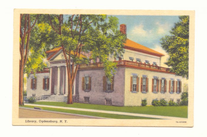 LIBRARY, OGDENSBURG, NEW YORK VINTAGE LINEN POSTCARD #459