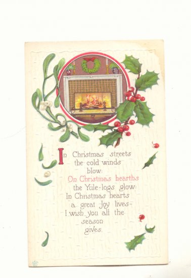 CHRISTMAS HEARTS, Mistletoe, Fireplace, Vintage 1914 Postcard #468