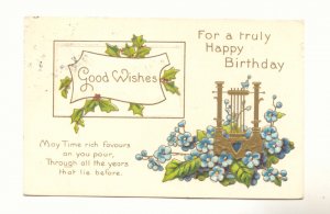 TRULY HAPPY BIRTHDAY GOLD HARP FORGET ME NOTS 1910 Vintage Postcard #514