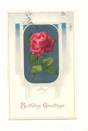 BIRTHDAY GREETINGS, SINGLE RED ROSE 1911 VINTAGE Postcard #524