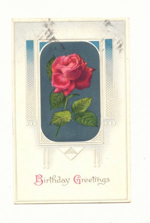 BIRTHDAY GREETINGS, SINGLE RED ROSE 1911 VINTAGE Postcard #524