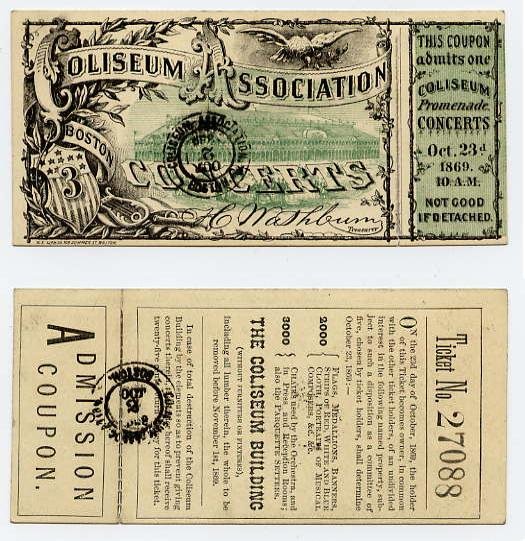 Boston, Coliseum Association, Admission/Lottery Ticket, 1869