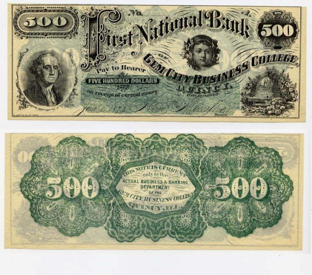 Illinois, Quincy, College Currency, $500, 1873